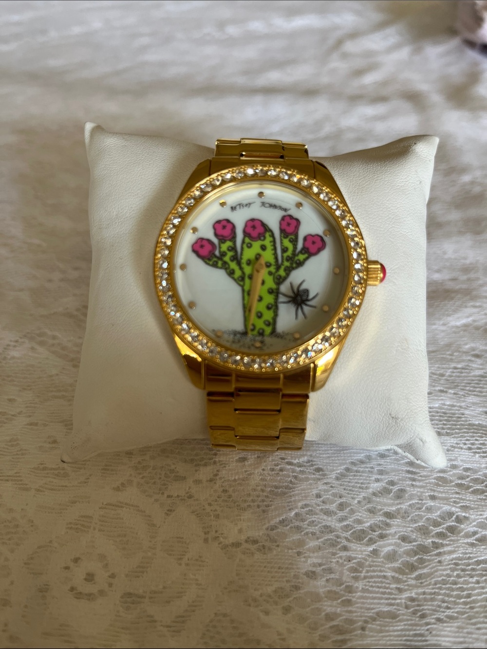 Betsey Johnson Gold-tone Watch with Pink-Flower Cactus Dial